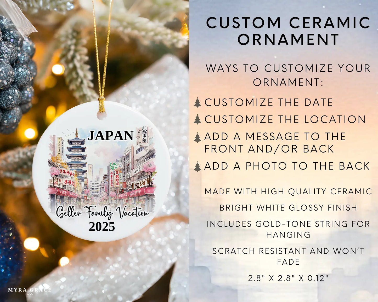 Custom vacation Japan ceramic photo ornament with personalized message – handmade Christmas bauble, gift souvenir, or vacation keepsake. Infographic