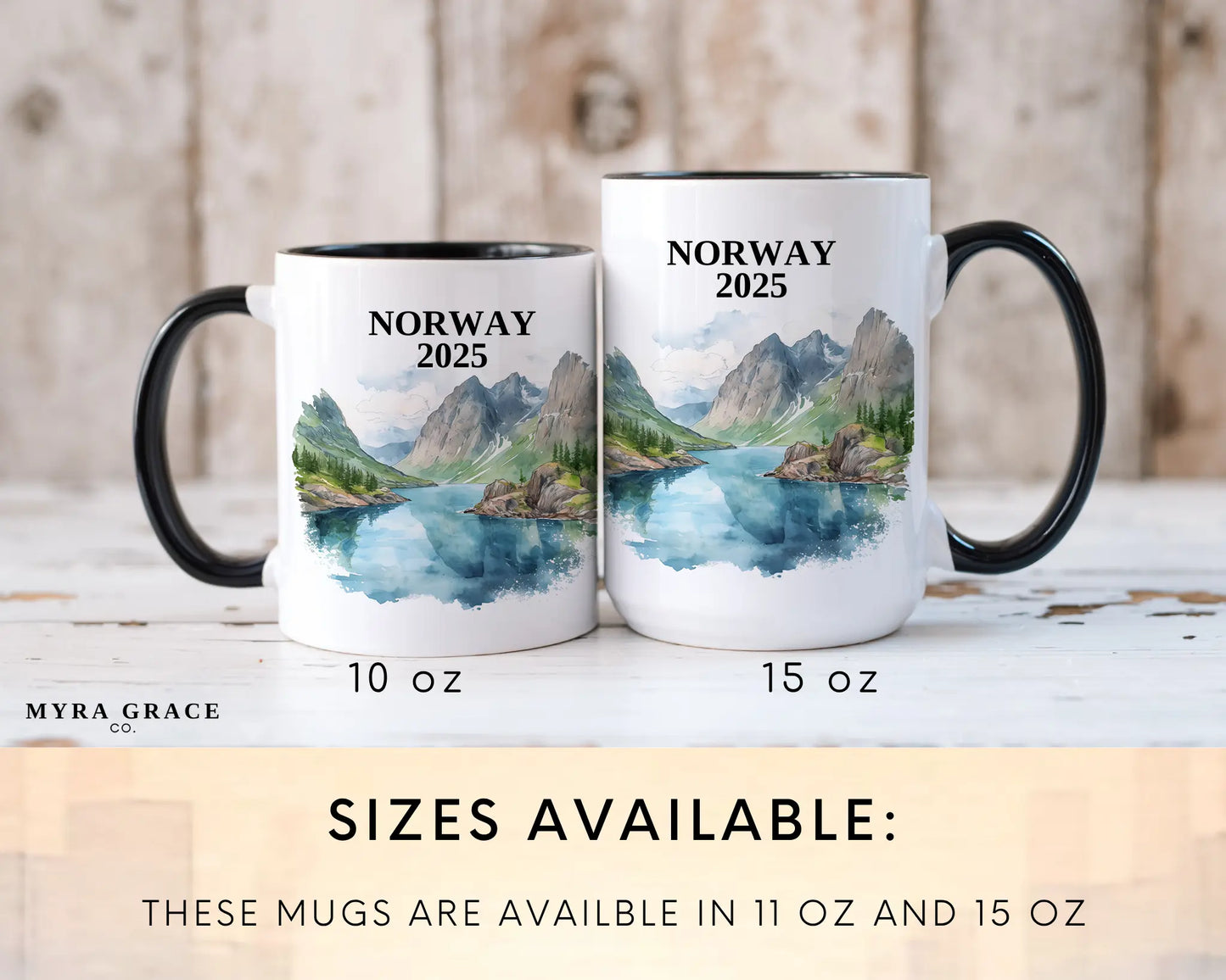Custom ceramic Norway vacation mug with watercolor location design, date, and personal photo – personalized travel gift or photo mug. Sizes available
