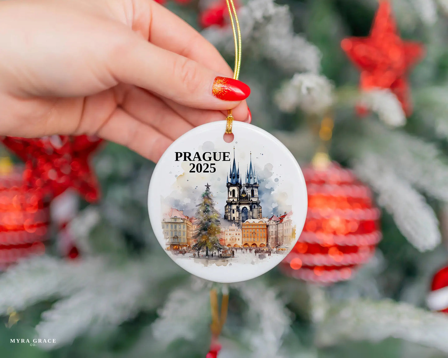 Custom Prague Christmas Market ceramic photo ornament with personalized message – handmade Christmas bauble, gift souvenir, or vacation keepsake.