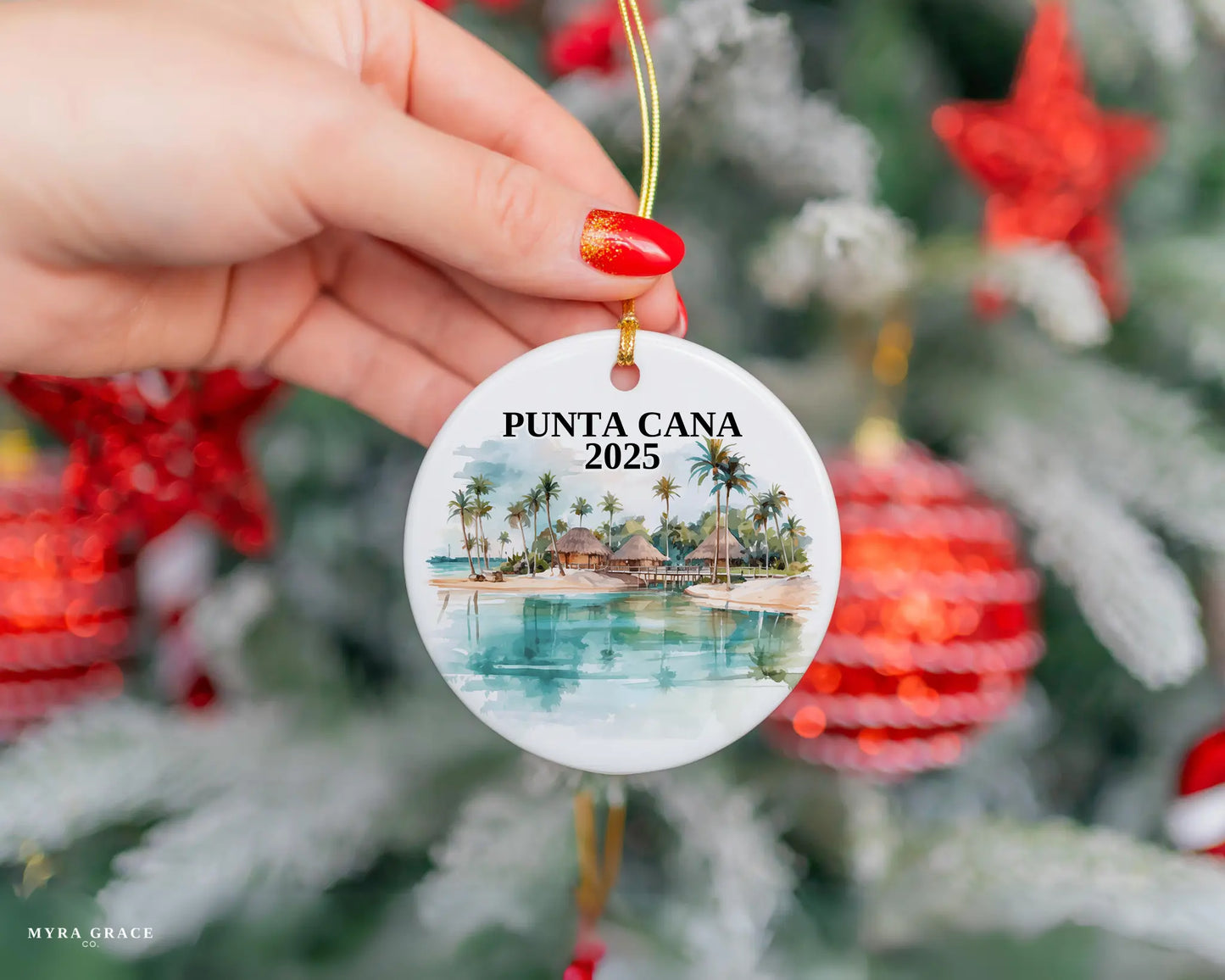 Custom Punta Cana ceramic photo ornament with personalized message – handmade Christmas bauble, gift souvenir, or vacation keepsake.
