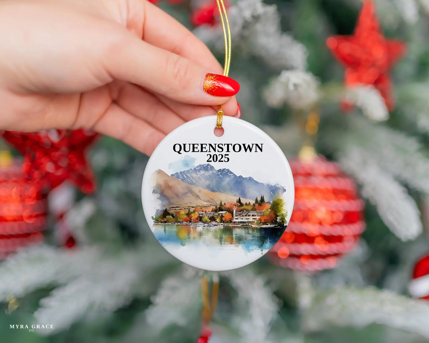 Custom Queenstown New Zealand ceramic photo ornament with personalized message – handmade Christmas bauble, gift souvenir, or vacation keepsake.