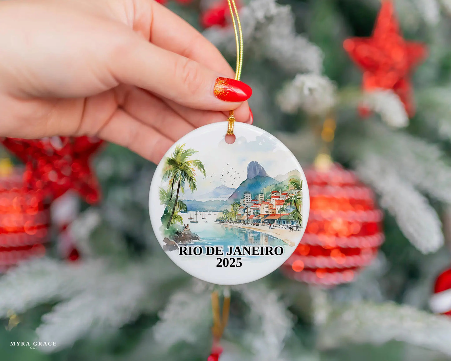 Custom Rio De Janeiro Brazil ceramic photo ornament with personalized message – handmade Christmas bauble, gift souvenir, or vacation keepsake.
