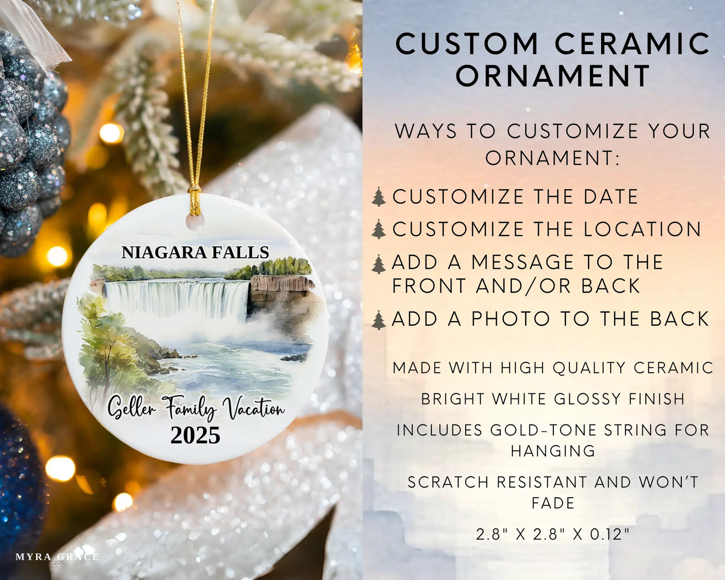 Custom vacation Niagara Falls ceramic photo ornament with personalized message – handmade Christmas bauble, gift souvenir, or vacation keepsake. Infographic