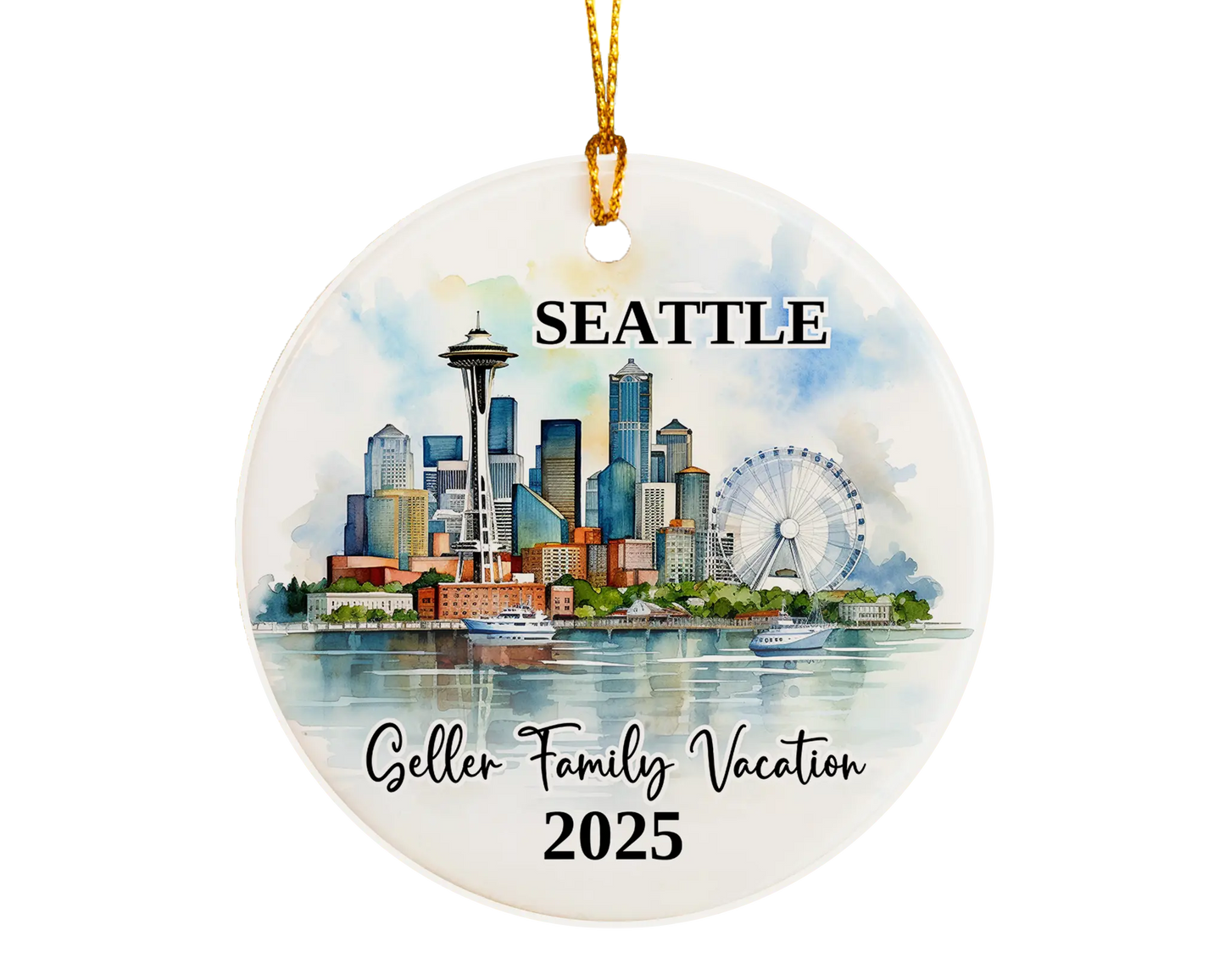 Custom vacation Seattle ceramic photo ornament with personalized message – handmade Christmas bauble, gift souvenir, or vacation keepsake.