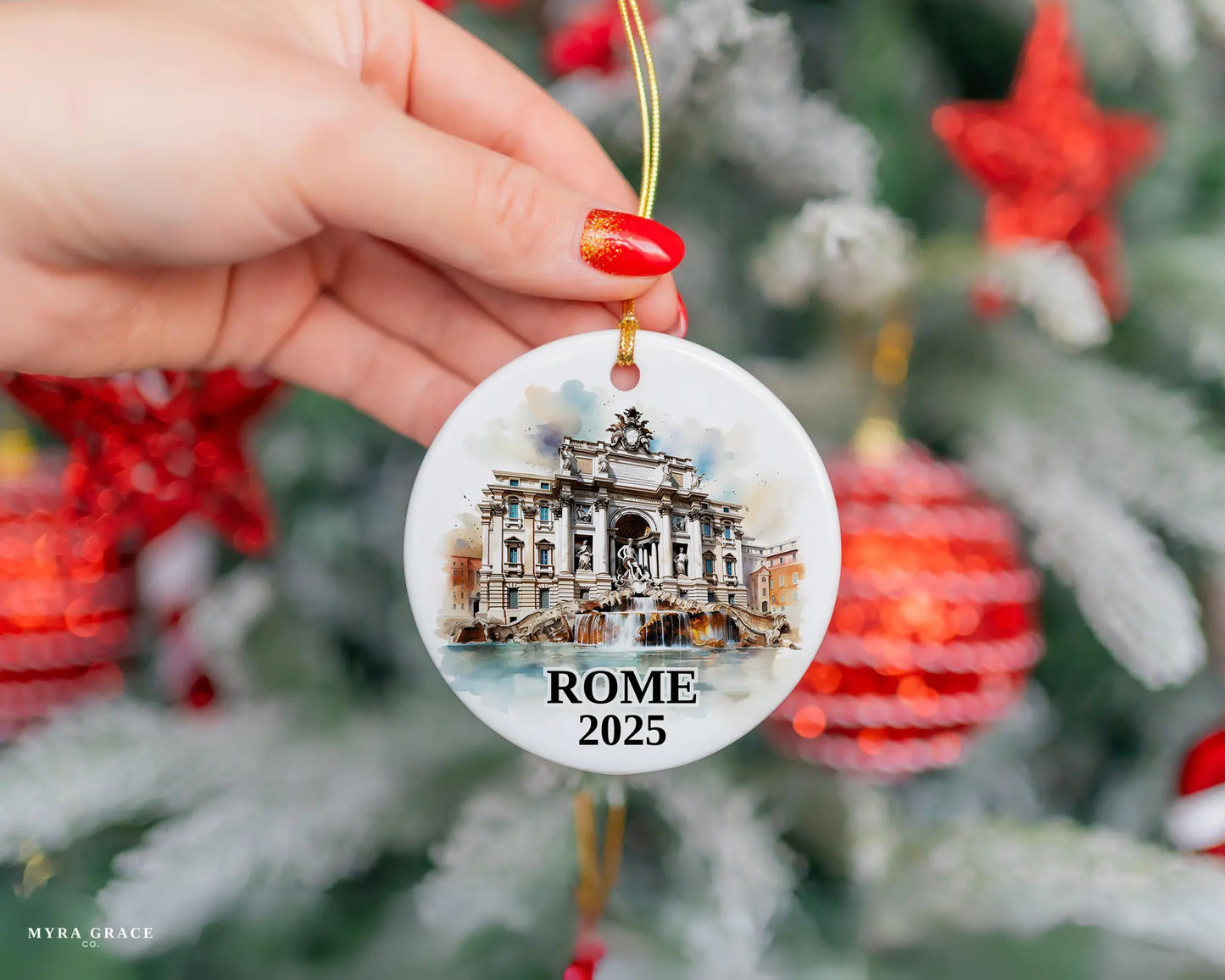 Custom Rome Trevi Fountain ceramic photo ornament with personalized message – handmade Christmas bauble, gift souvenir, or vacation keepsake.
