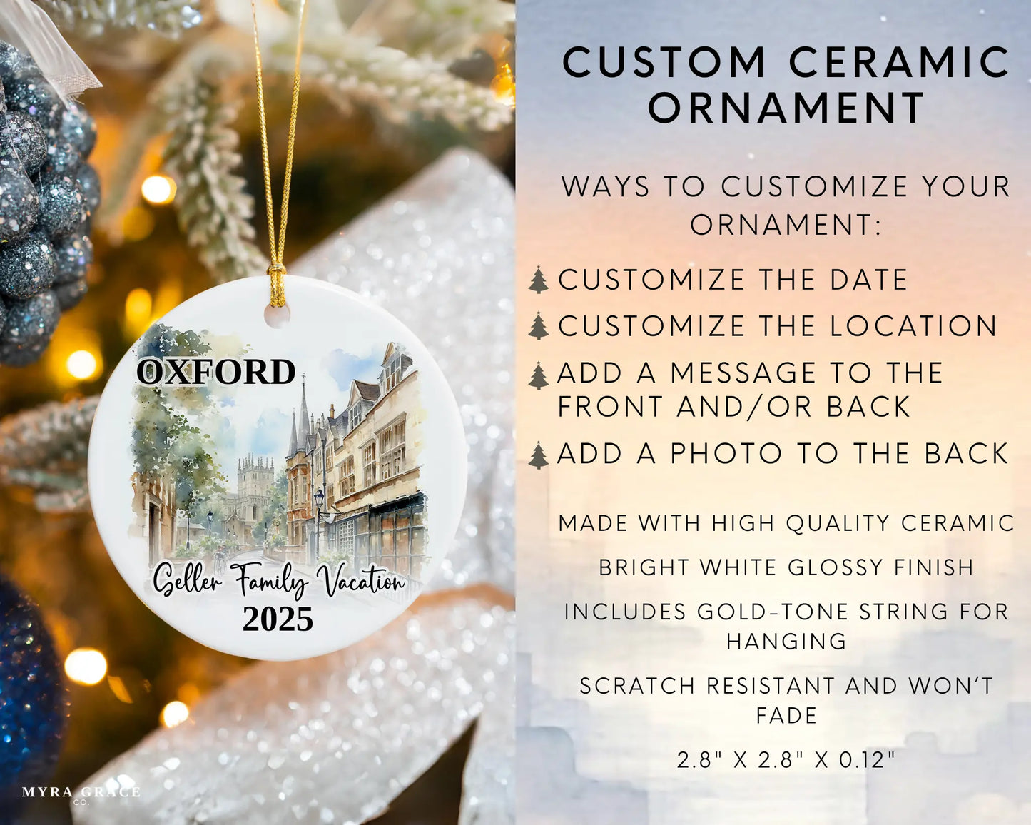 Custom vacation Oxford England ceramic photo ornament with personalized message – handmade Christmas bauble, gift souvenir, or vacation keepsake. Infographic