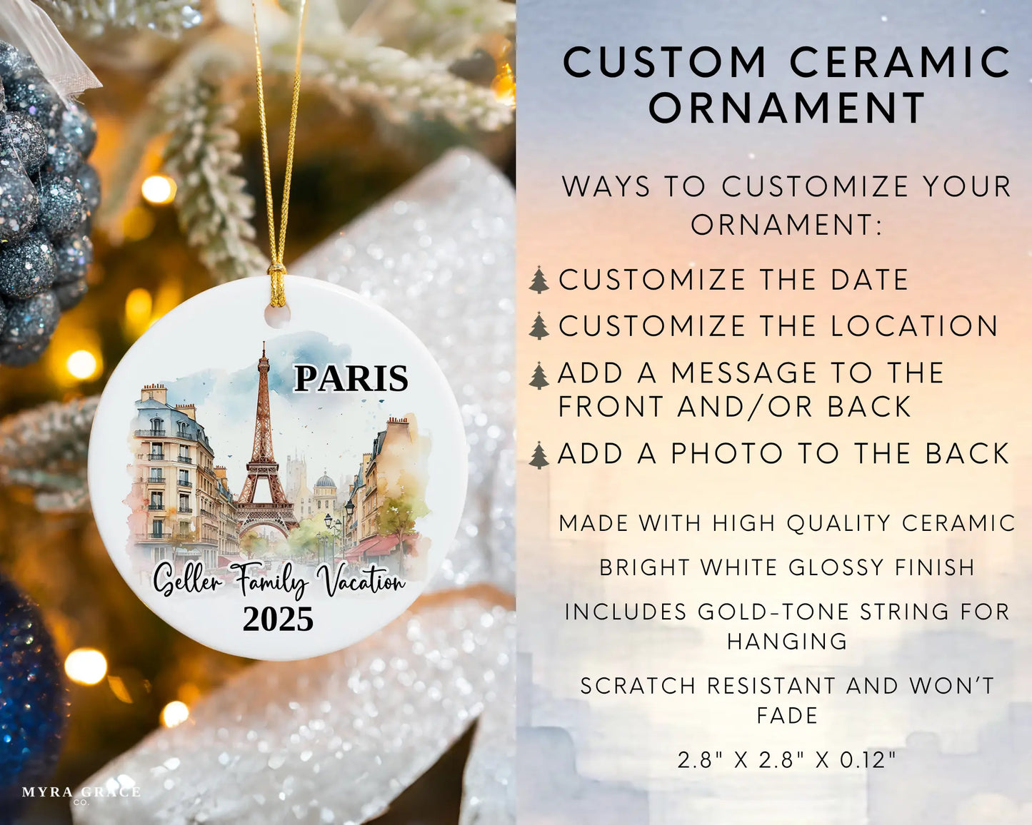 Custom vacation Paris ceramic photo ornament with personalized message – handmade Christmas bauble, gift souvenir, or vacation keepsake. Infographic