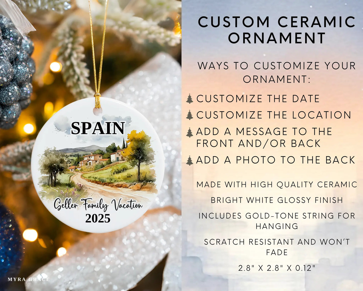 Custom vacation Spain ceramic photo ornament with personalized message – handmade Christmas bauble, gift souvenir, or vacation keepsake. Infographic