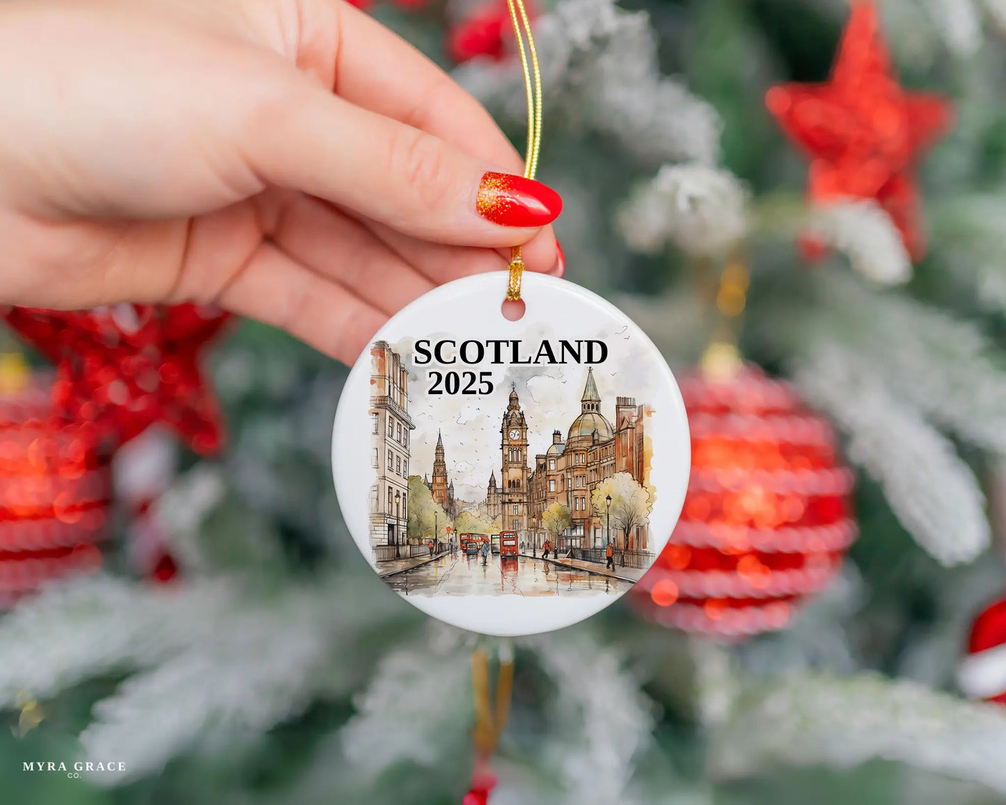 Custom Scotland ceramic photo ornament with personalized message – handmade Christmas bauble, gift souvenir, or vacation keepsake.