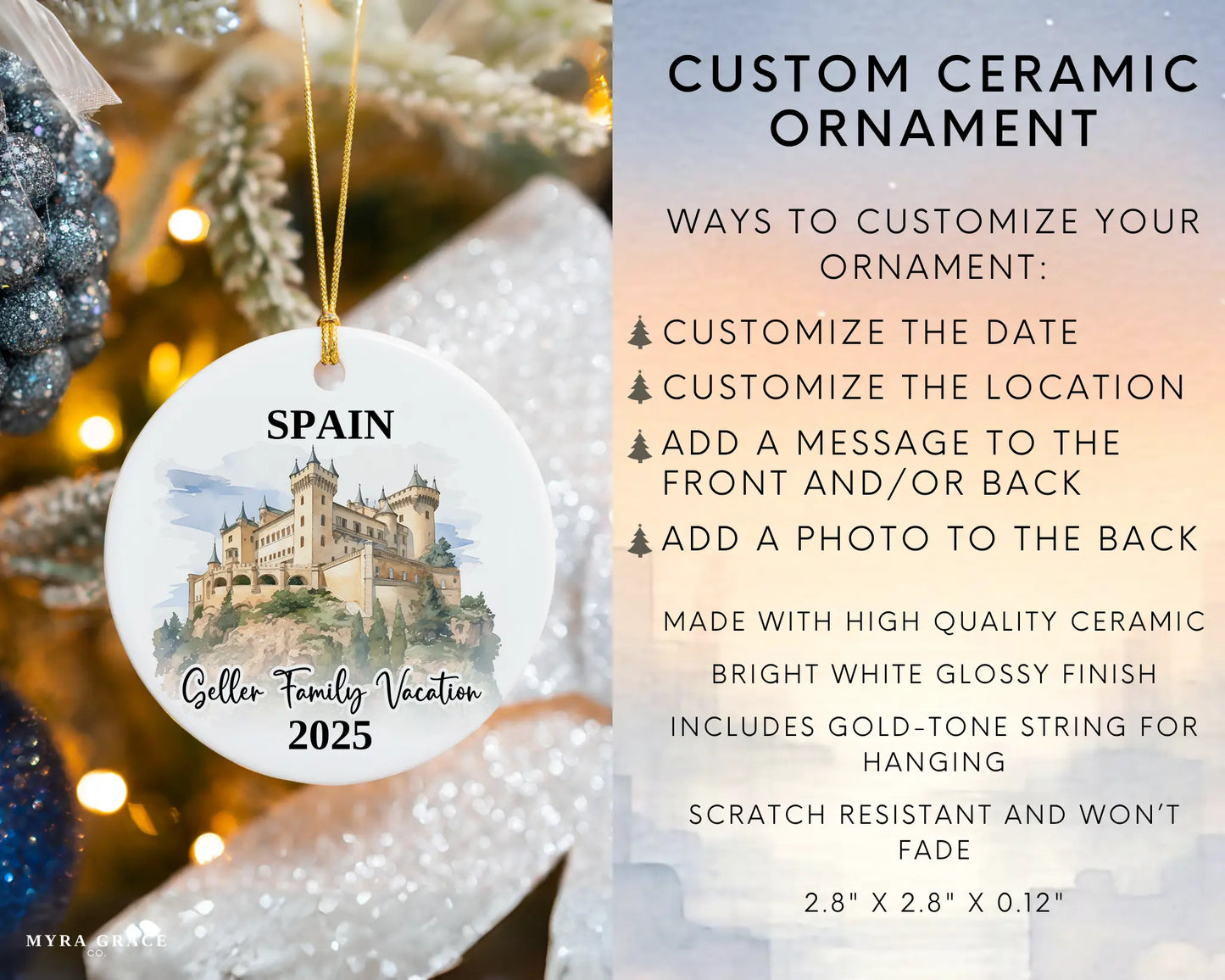 Custom vacation Spain ceramic photo ornament with personalized message – handmade Christmas bauble, gift souvenir, or vacation keepsake. Infographic