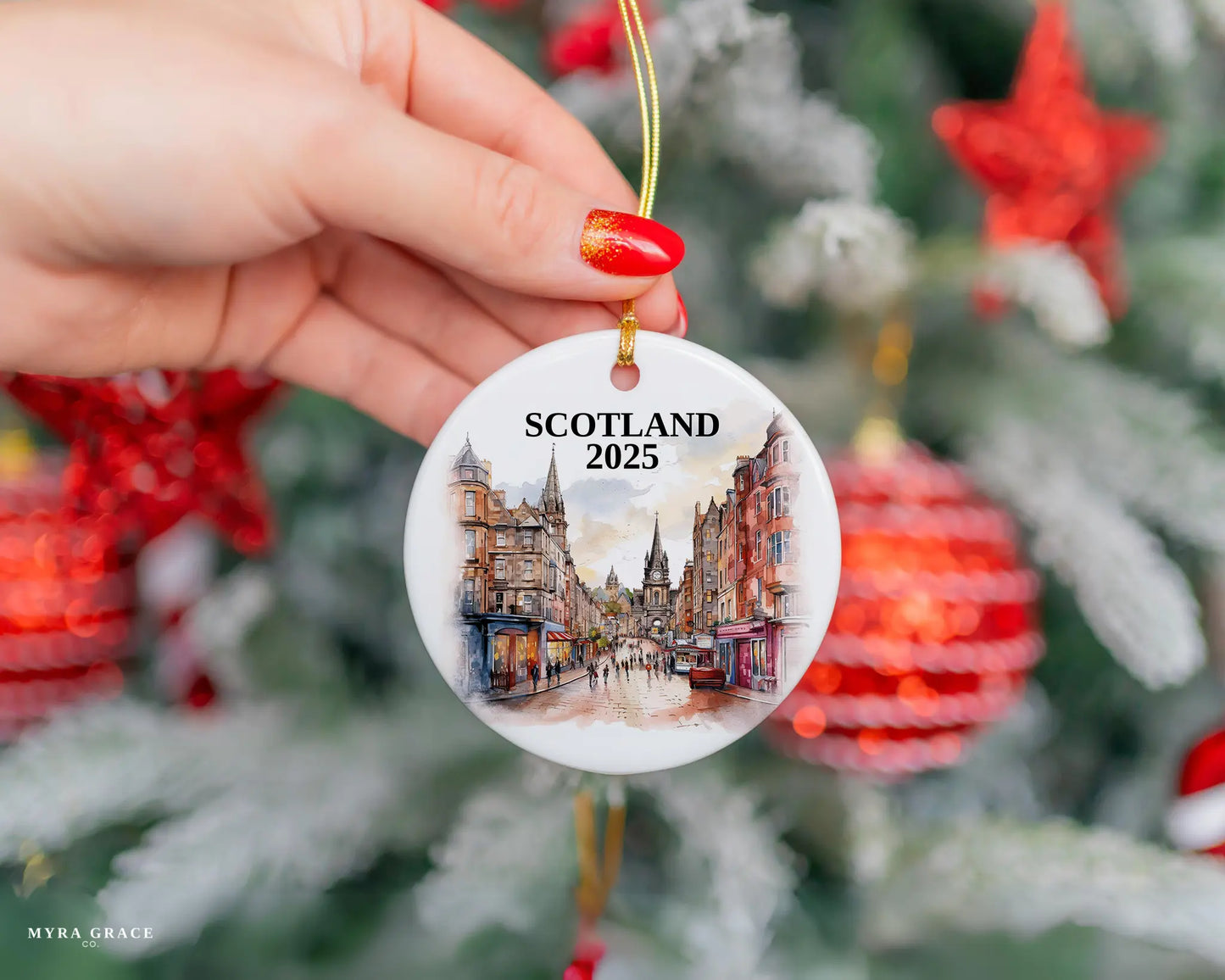 Custom Scotland ceramic photo ornament with personalized message – handmade Christmas bauble, gift souvenir, or vacation keepsake.