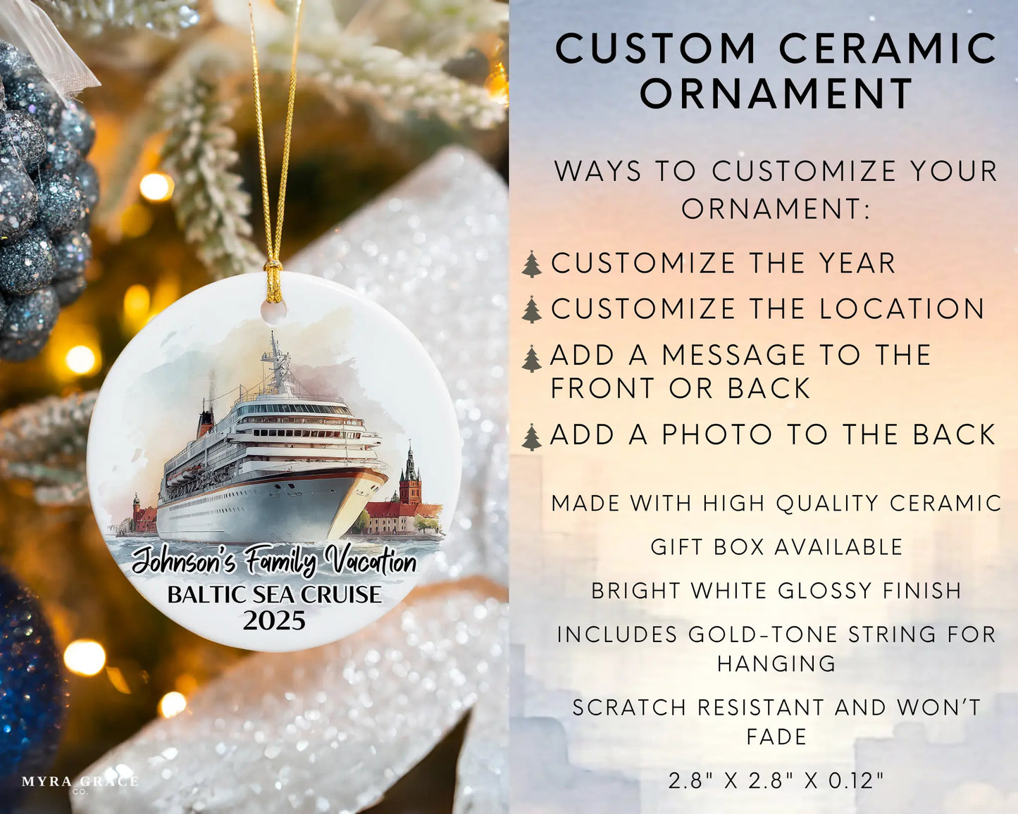 Handmade ceramic Baltic Sea cruise ornament with personalized location and photo – custom Christmas bauble or cruise vacation souvenir. Infographic