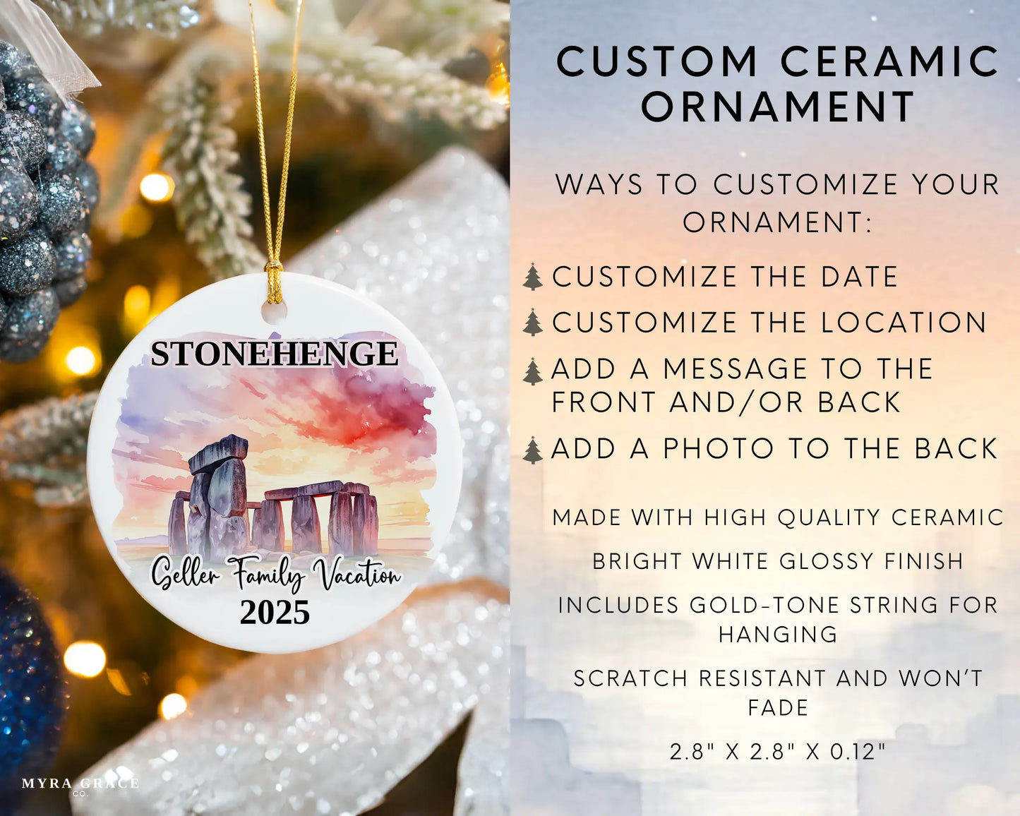 Custom vacation Stonehenge ceramic photo ornament with personalized message – handmade Christmas bauble, gift souvenir, or vacation keepsake. Infographic