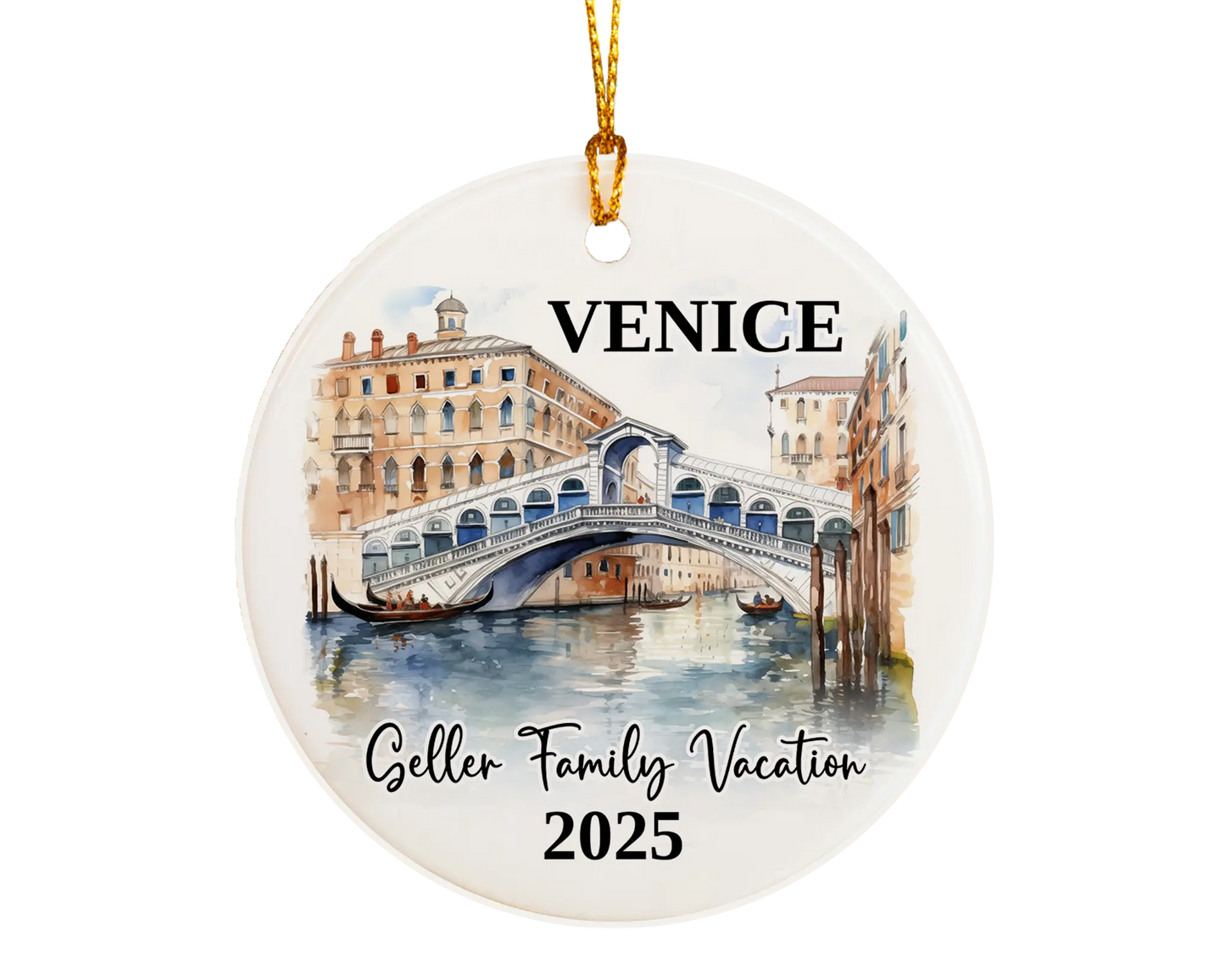 Custom vacation Venice Italy ceramic photo ornament with personalized message – handmade Christmas bauble, gift souvenir, or vacation keepsake.