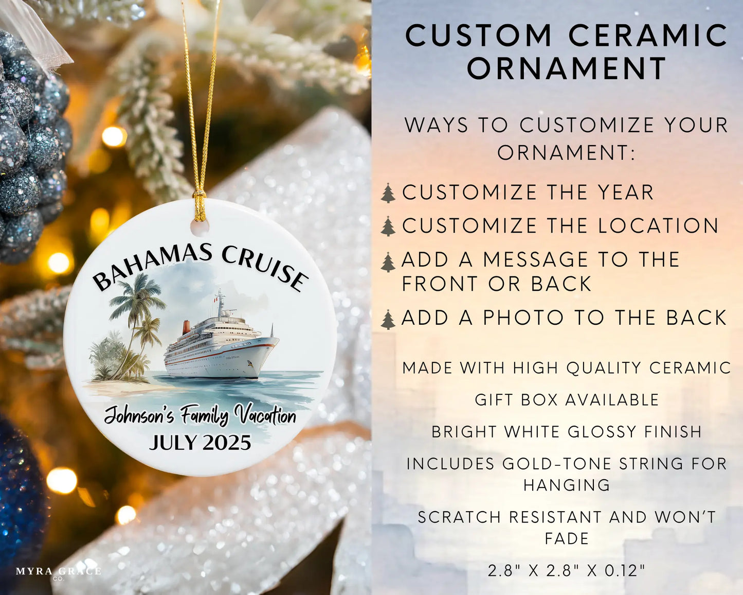 Handmade ceramic Bahamas cruise ornament with personalized location and photo – custom Christmas bauble or cruise vacation souvenir. Infographic