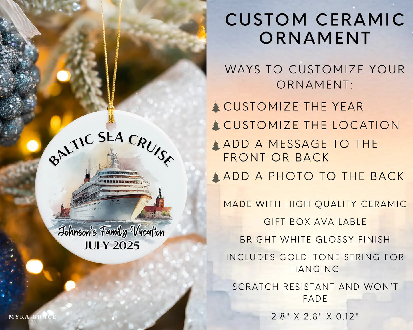Handmade ceramic Baltic Sea Scandinavia cruise ornament with personalized location and photo – custom Christmas bauble or cruise vacation souvenir. Infographic
