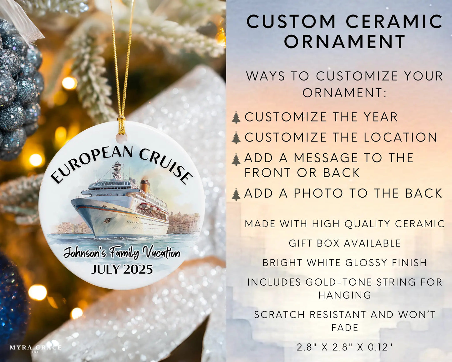 Handmade ceramic Europe cruise ornament with personalized location and photo – custom Christmas bauble or cruise vacation souvenir. Infographic
