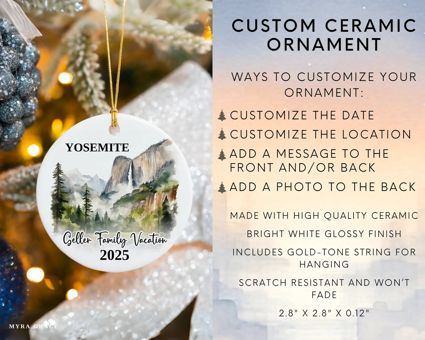 Custom vacation Yosemite ceramic photo ornament with personalized message – handmade Christmas bauble, gift souvenir, or vacation keepsake. Infographic
