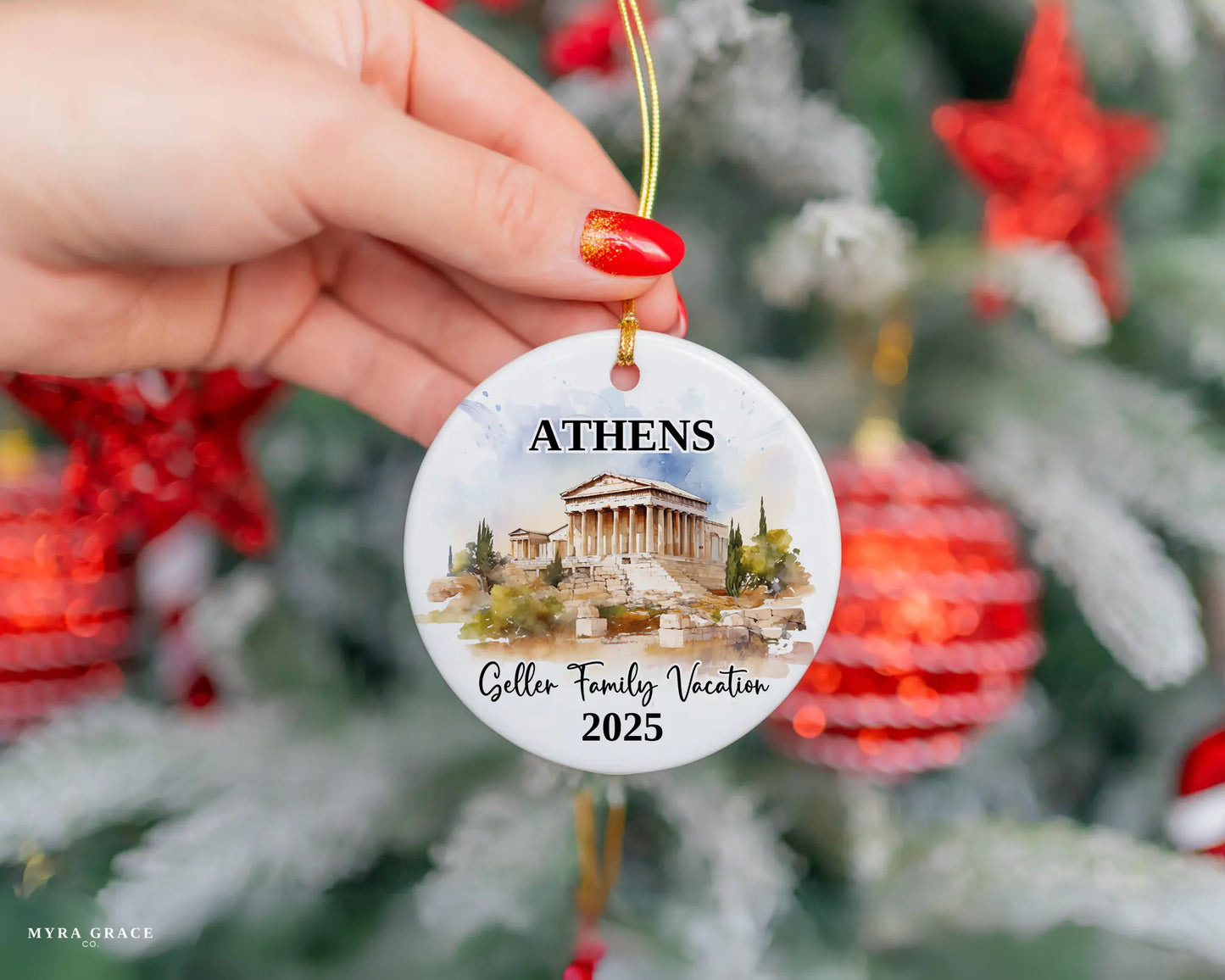 Custom vacation Athens Greece ceramic photo ornament with personalized message – handmade Christmas bauble, gift souvenir, or vacation keepsake.