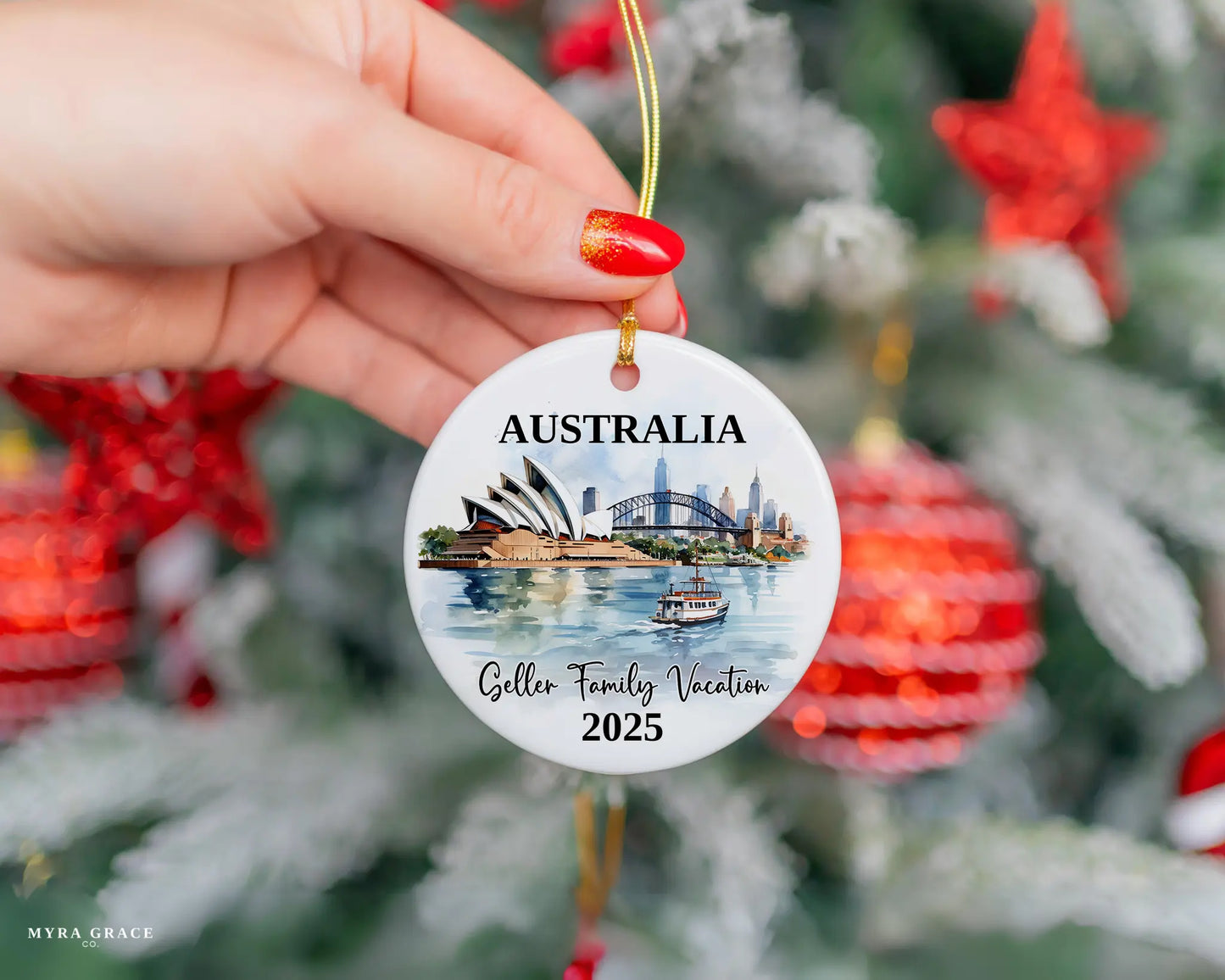 Custom vacation Sydney Australia ceramic photo ornament with personalized message – handmade Christmas bauble, gift souvenir, or vacation keepsake.