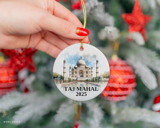Custom Taj Mahal ceramic photo ornament with personalized message – handmade Christmas bauble, gift souvenir, or vacation keepsake.