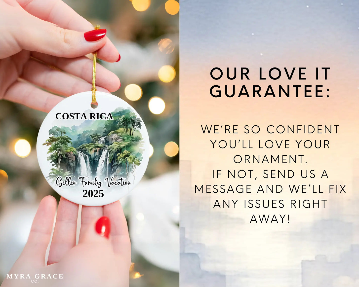 Custom vacation Paris ceramic photo ornament with personalized message – handmade Christmas bauble, gift souvenir, or vacation keepsake. Love it guarantee