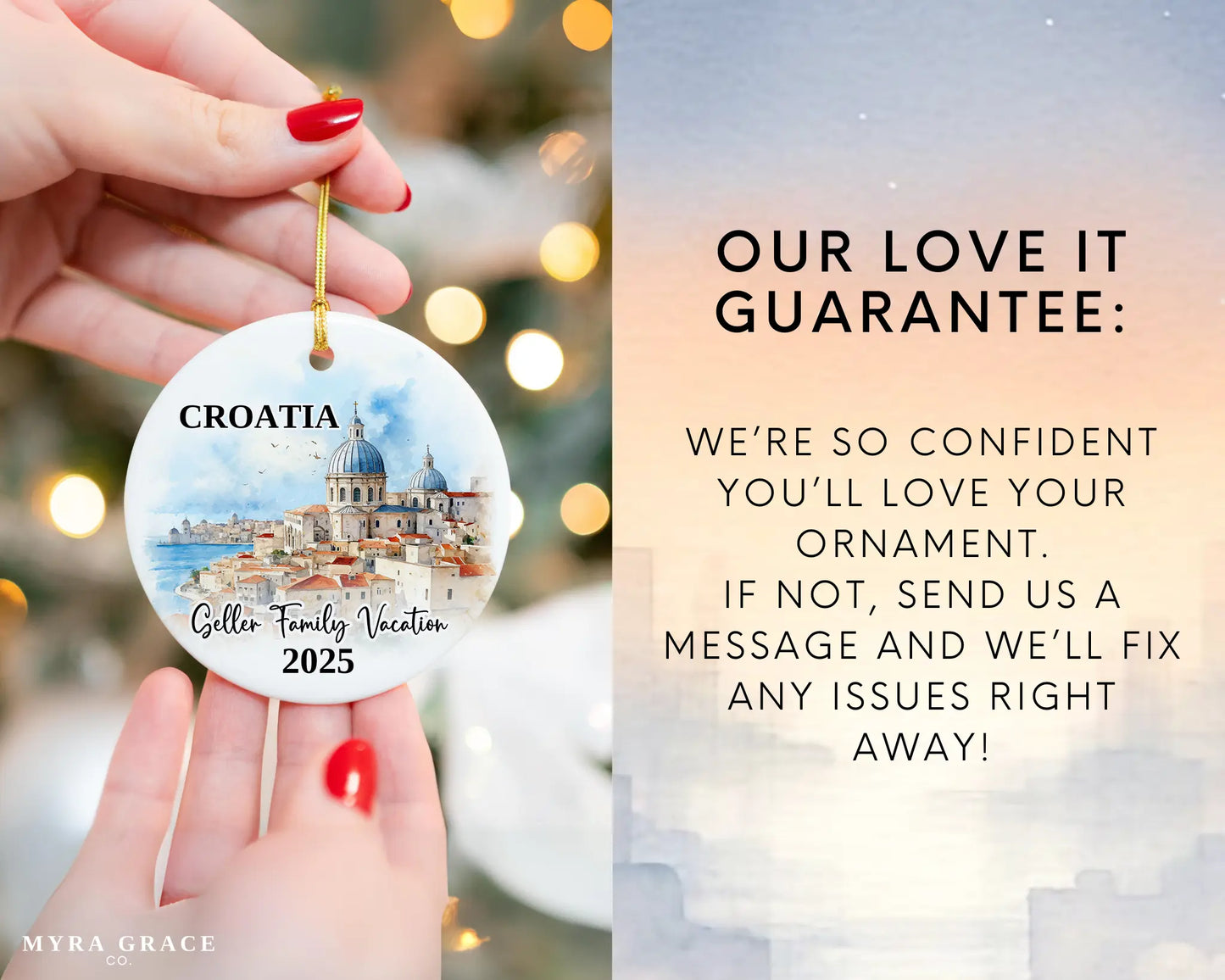 Custom vacation Croatia ceramic photo ornament with personalized message – handmade Christmas bauble, gift souvenir, or vacation keepsake. Love it guarantee