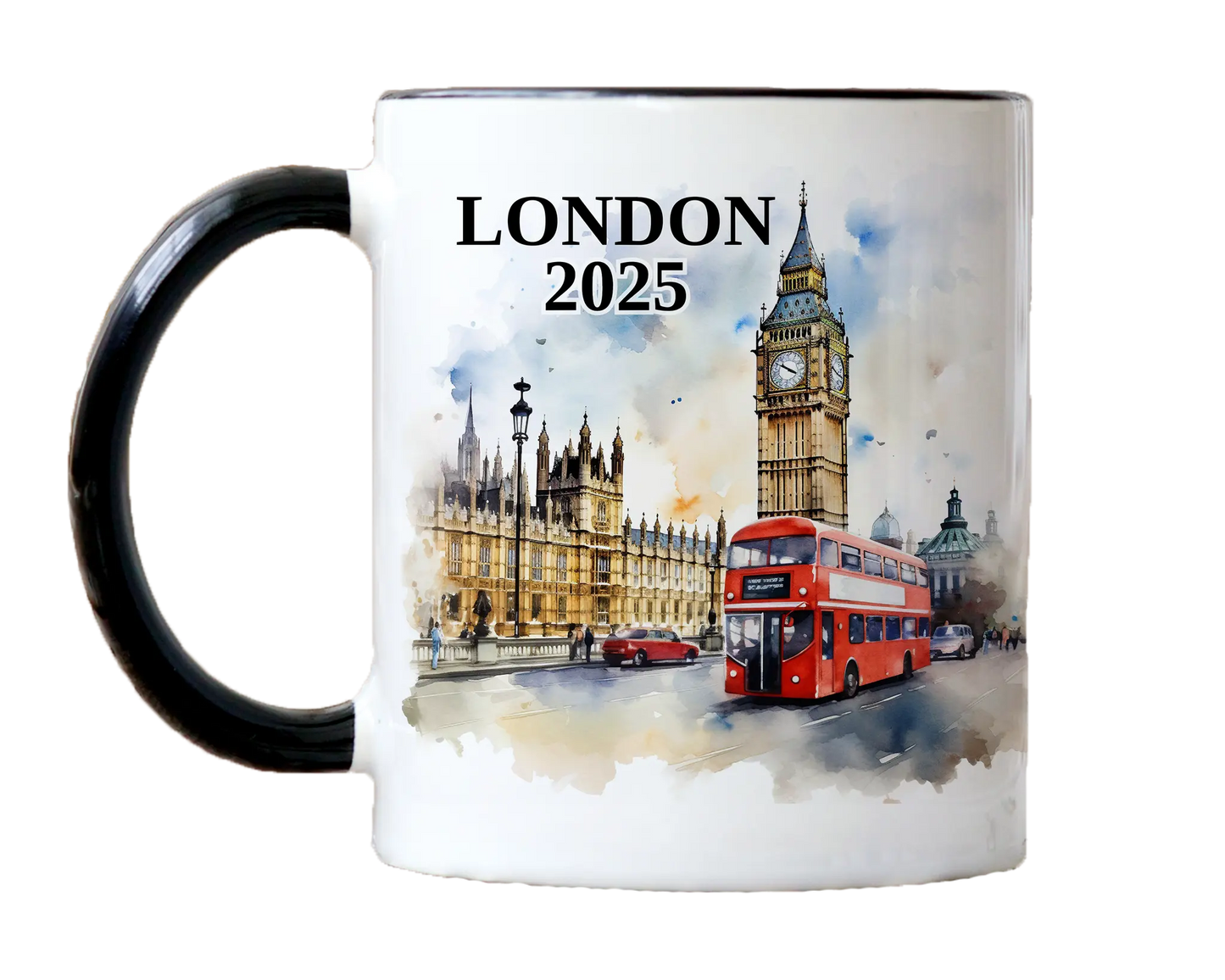 Custom ceramic London vacation mug with watercolor location design, date, and personal photo – personalized travel gift or photo mug.