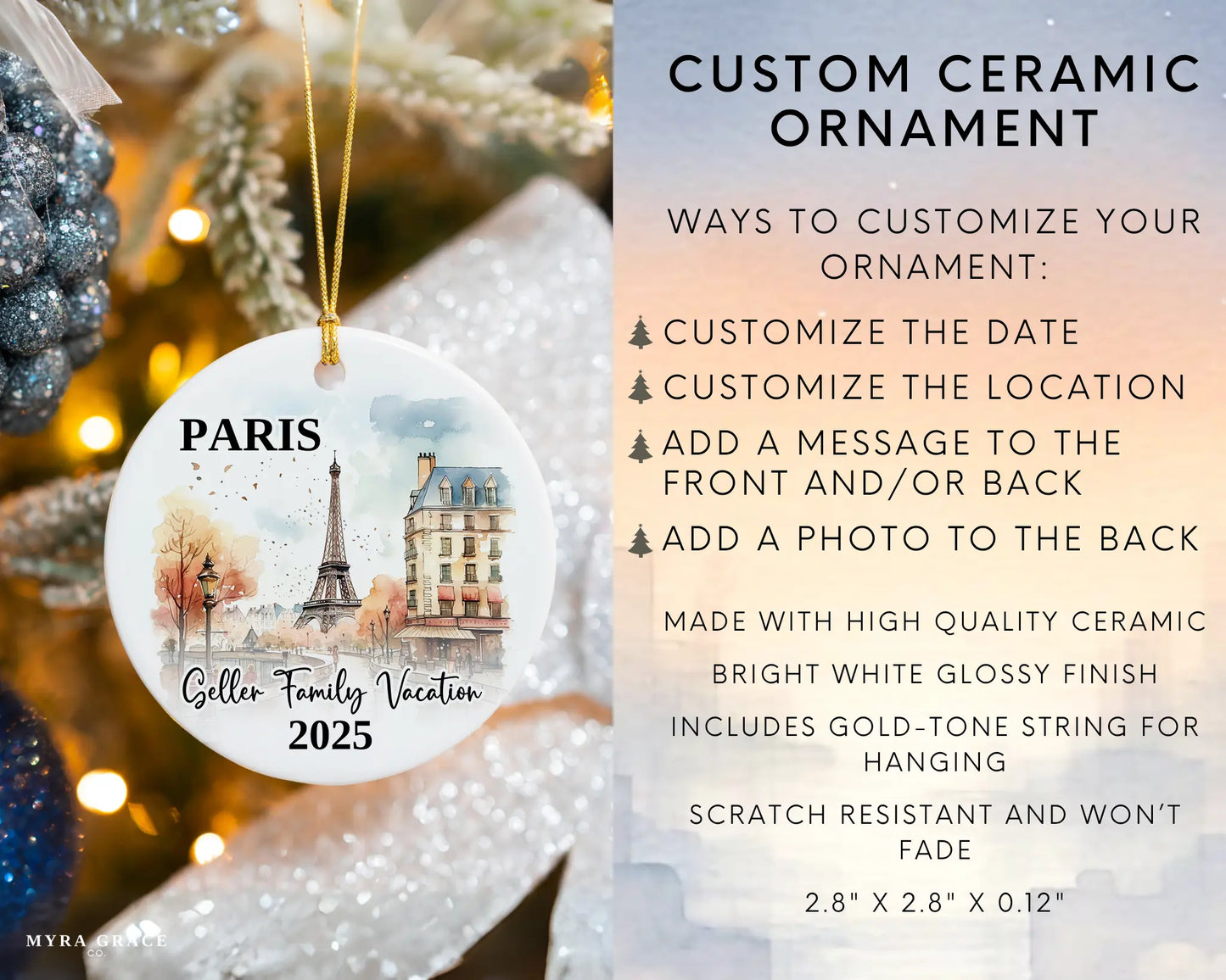 Custom vacation Paris ceramic photo ornament with personalized message – handmade Christmas bauble, gift souvenir, or vacation keepsake. Infographic