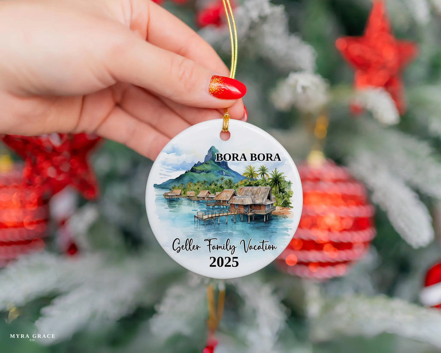 Custom vacation Bora Bora ceramic photo ornament with personalized message – handmade Christmas bauble, gift souvenir, or vacation keepsake.