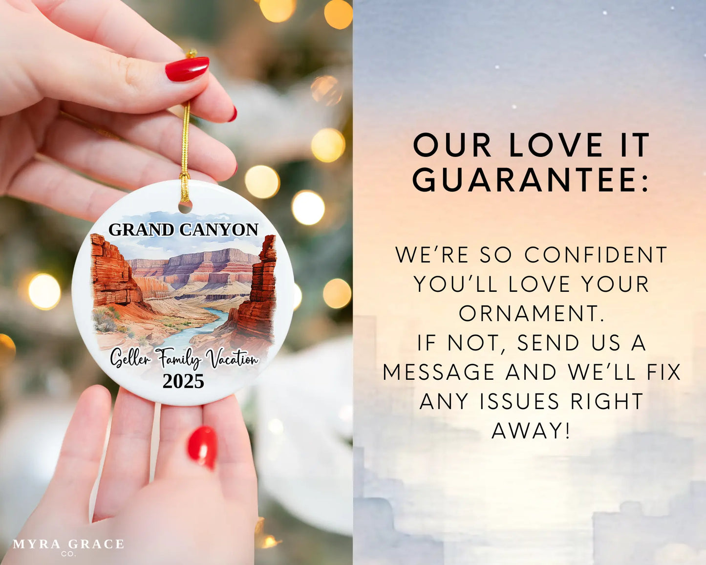 Custom vacation Grand Canyon ceramic photo ornament with personalized message – handmade Christmas bauble, gift souvenir, or vacation keepsake. Love it guarantee