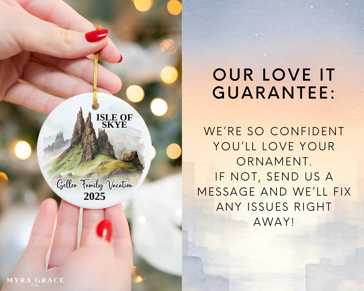 Custom vacation Isle of Skye Scotland ceramic photo ornament with personalized message – handmade Christmas bauble, gift souvenir, or vacation keepsake. Love it guarantee