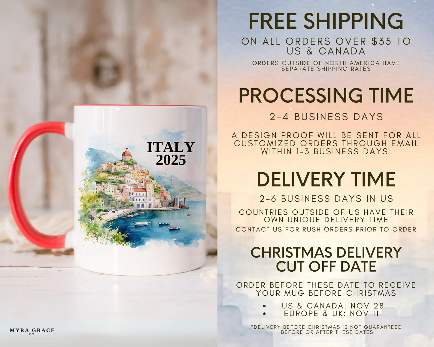 Custom ceramic Italy Amalfi Coast vacation mug with watercolor location design, date, and personal photo – personalized travel gift or photo mug. Free shipping