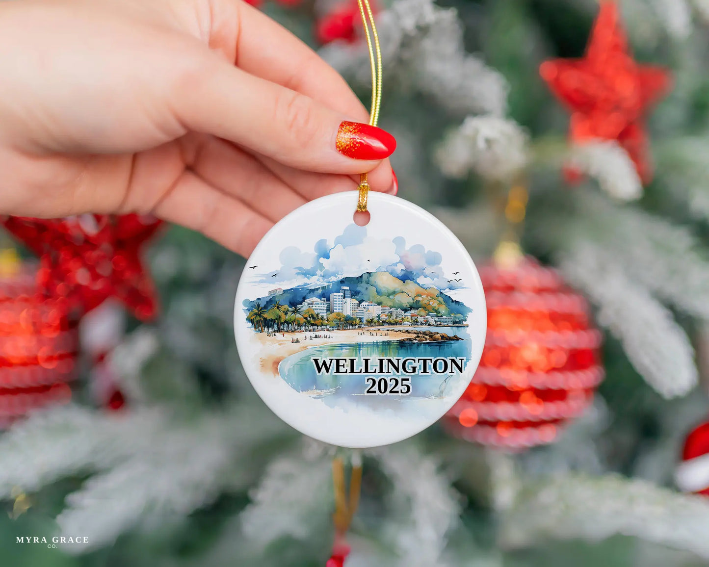 Custom Wellington New Zealand ceramic photo ornament with personalized message – handmade Christmas bauble, gift souvenir, or vacation keepsake.