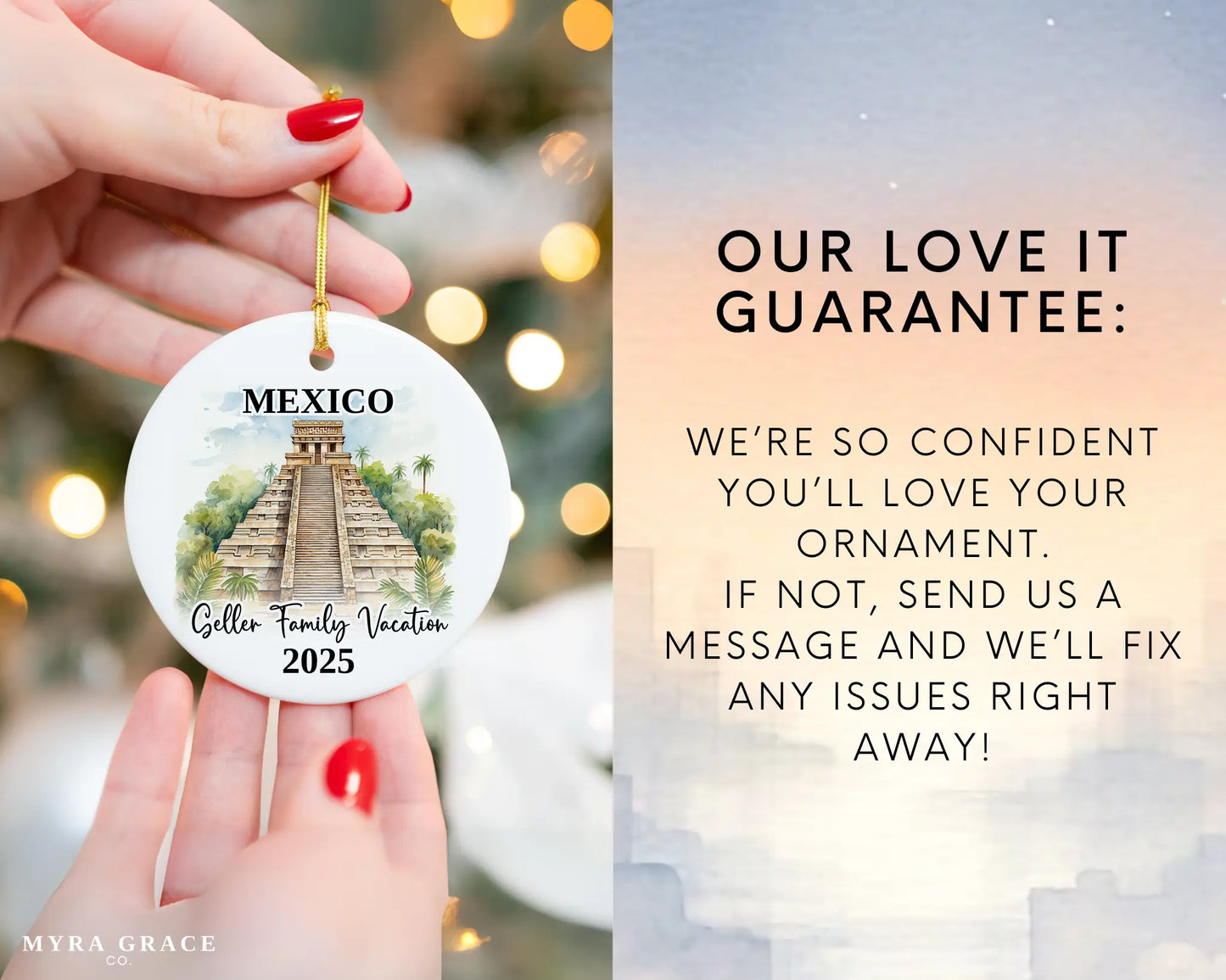 Custom vacation Mexico Pyramids ceramic photo ornament with personalized message – handmade Christmas bauble, gift souvenir, or vacation keepsake. Love it guarantee