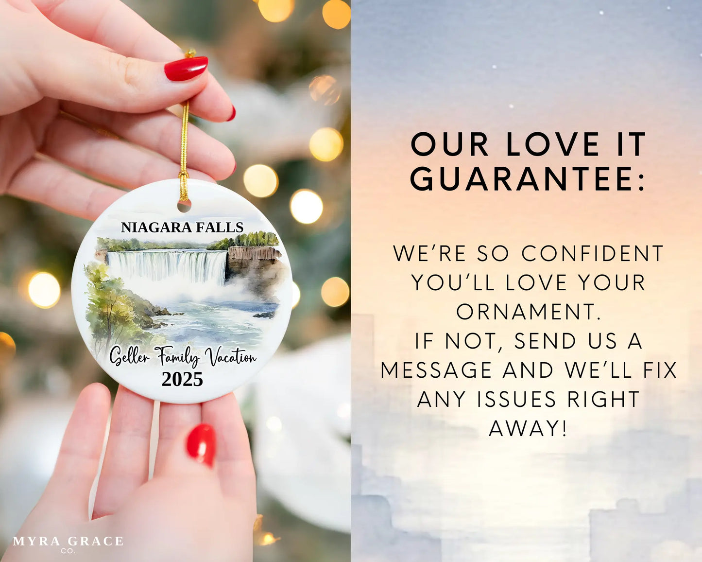 Custom vacation Niagara Falls ceramic photo ornament with personalized message – handmade Christmas bauble, gift souvenir, or vacation keepsake. Love it guarantee