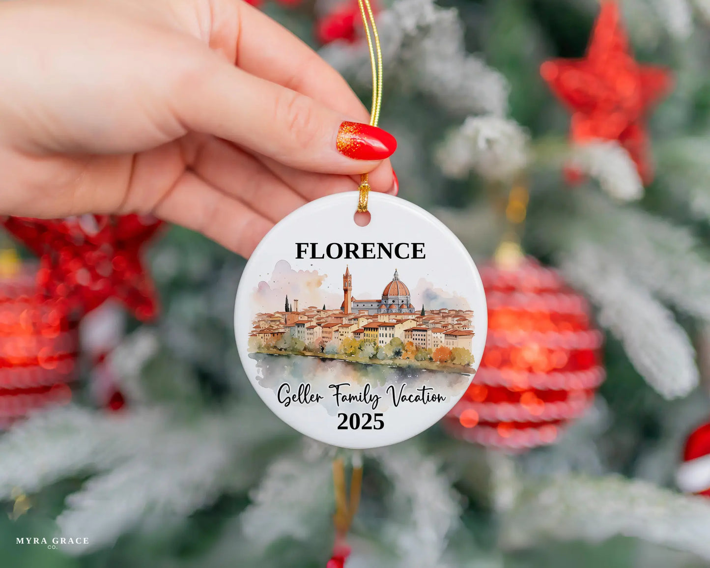 Custom vacation Florence Italy ceramic photo ornament with personalized message – handmade Christmas bauble, gift souvenir, or vacation keepsake.