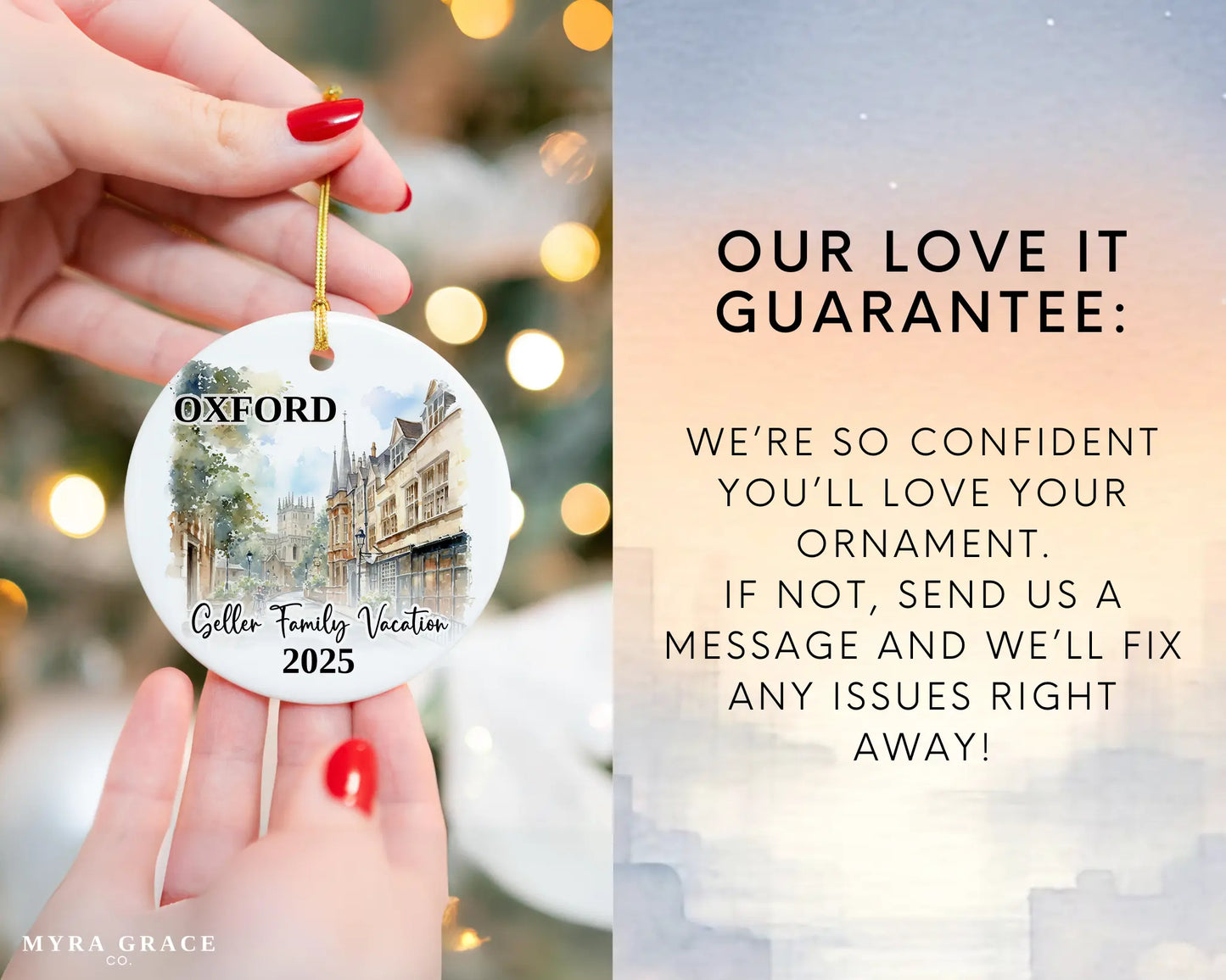 Custom vacation Oxford England ceramic photo ornament with personalized message – handmade Christmas bauble, gift souvenir, or vacation keepsake. Love it guarantee
