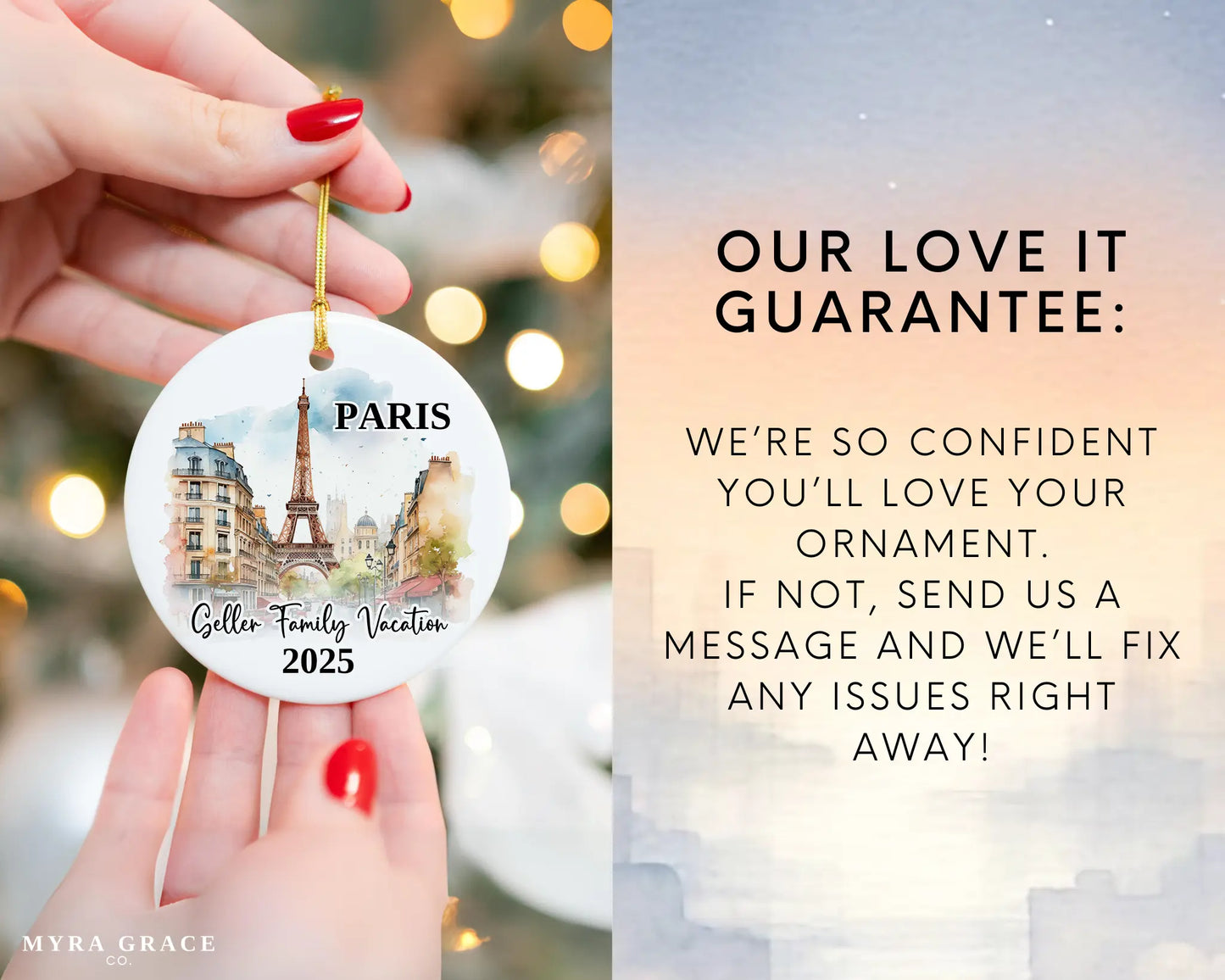 Custom vacation Paris ceramic photo ornament with personalized message – handmade Christmas bauble, gift souvenir, or vacation keepsake. Love it guarantee
