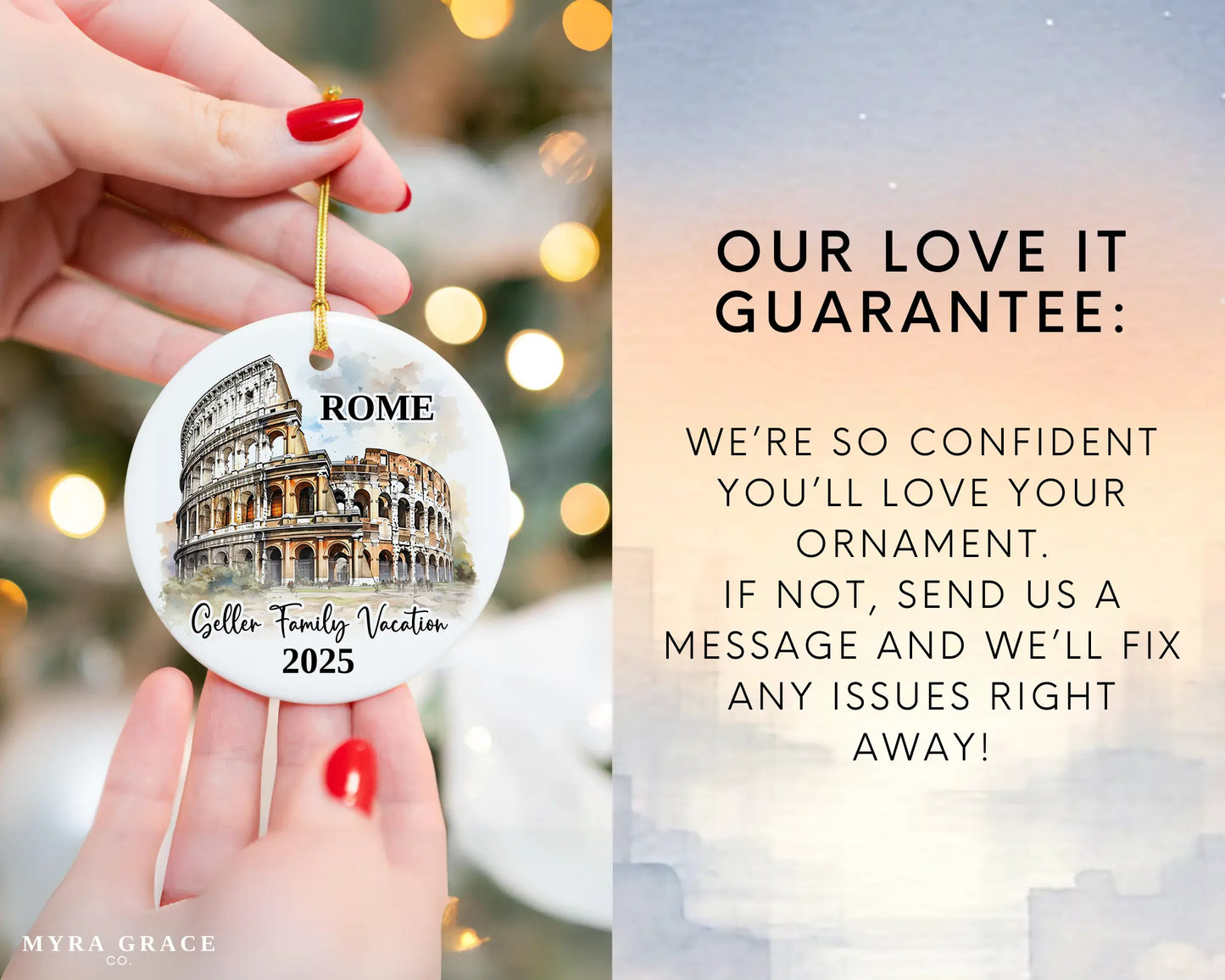 Custom vacation Rome Colosseum ceramic photo ornament with personalized message – handmade Christmas bauble, gift souvenir, or vacation keepsake. Love it guarantee
