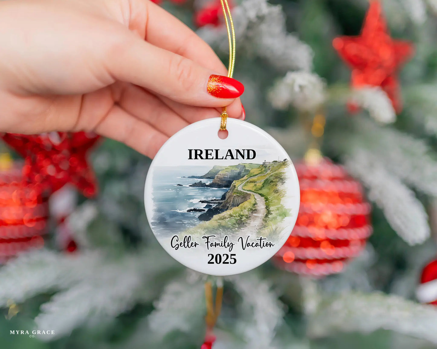 Custom vacation Ireland Cliffs of Moher ceramic photo ornament with personalized message – handmade Christmas bauble, gift souvenir, or vacation keepsake.
