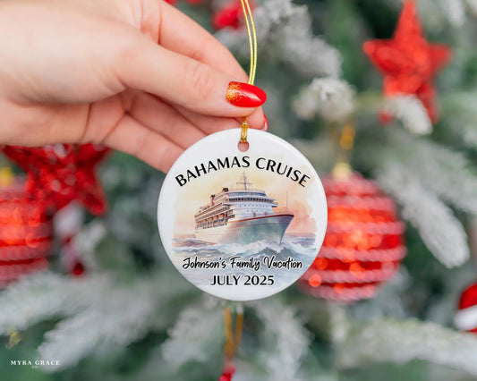 Handmade ceramic Bahamas cruise ornament with personalized location and photo – custom Christmas bauble or cruise vacation souvenir.