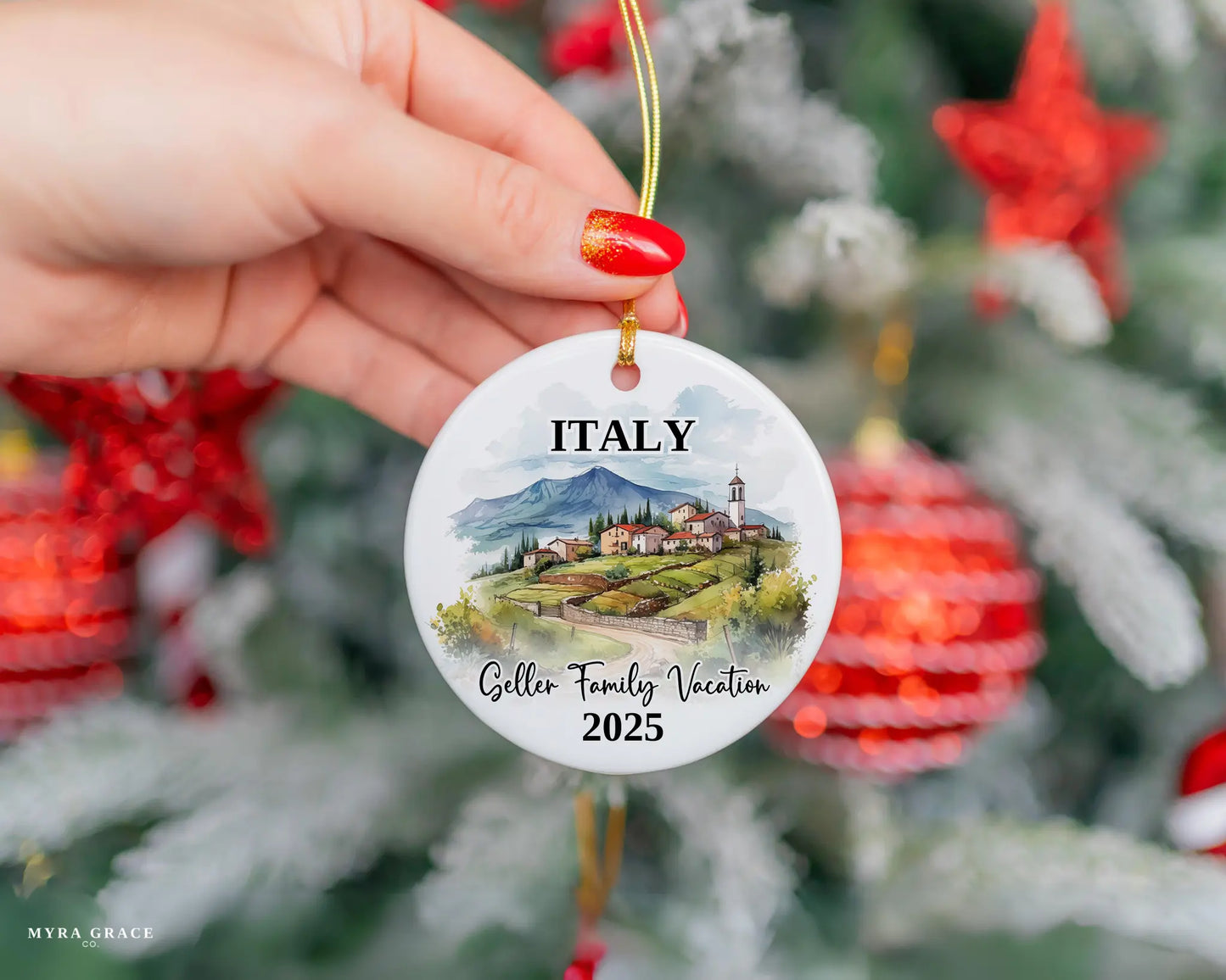 Custom vacation Italy ceramic photo ornament with personalized message – handmade Christmas bauble, gift souvenir, or vacation keepsake.