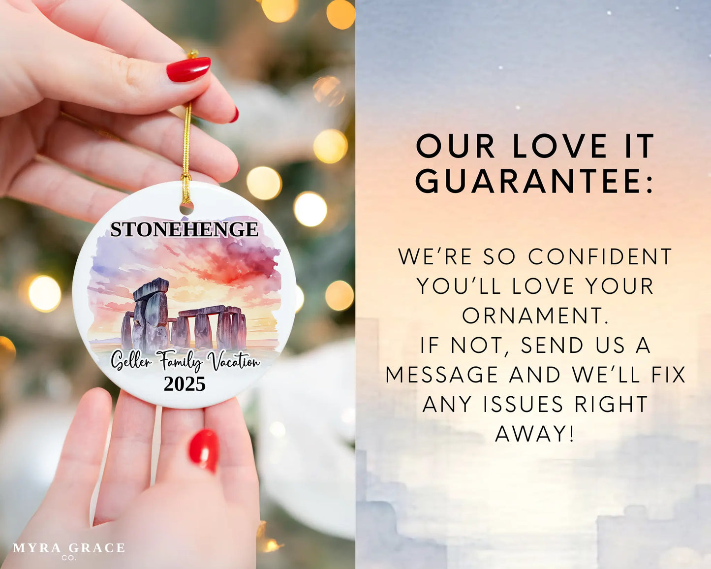 Custom vacation Stonehenge ceramic photo ornament with personalized message – handmade Christmas bauble, gift souvenir, or vacation keepsake. Love it guarantee