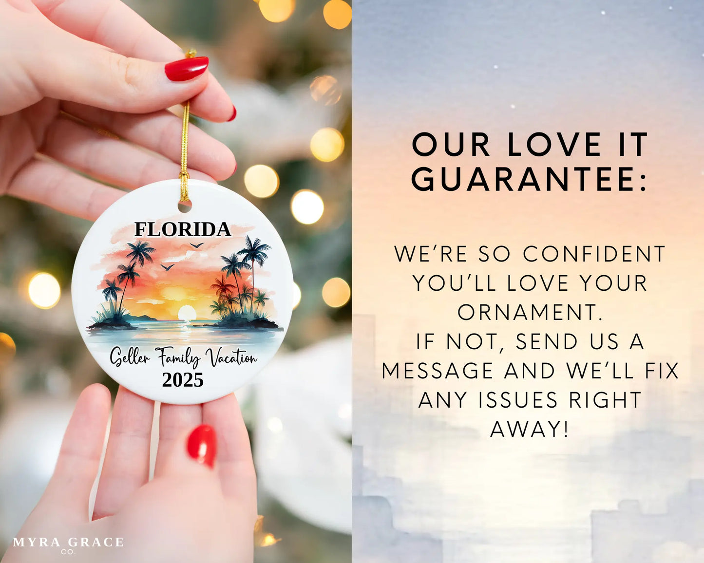 Custom vacation Florida ceramic photo ornament with personalized message – handmade Christmas bauble, gift souvenir, or vacation keepsake. Love it guarantee