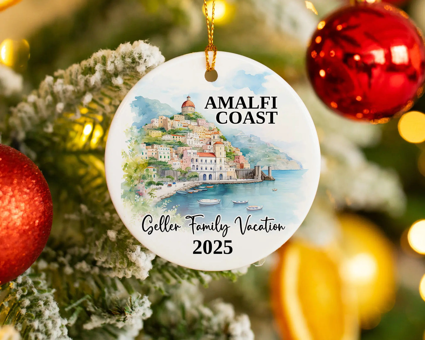 Custom vacation Amalfi Coast Italy ceramic photo ornament with personalized message – handmade Christmas bauble, gift souvenir, or vacation keepsake.