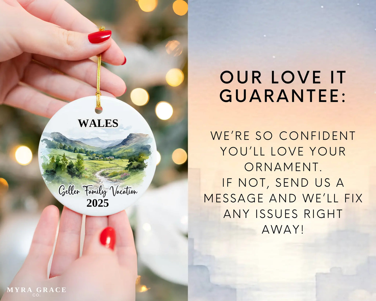 Custom vacation Wales Cymru ceramic photo ornament with personalized message – handmade Christmas bauble, gift souvenir, or vacation keepsake. Love it guarantee