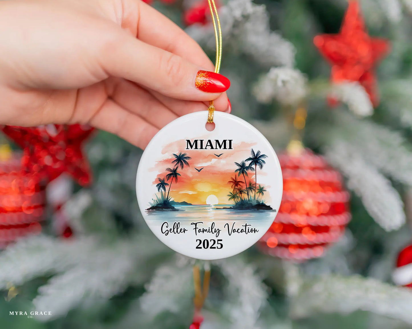 Custom vacation Miami Florida ceramic photo ornament with personalized message – handmade Christmas bauble, gift souvenir, or vacation keepsake.