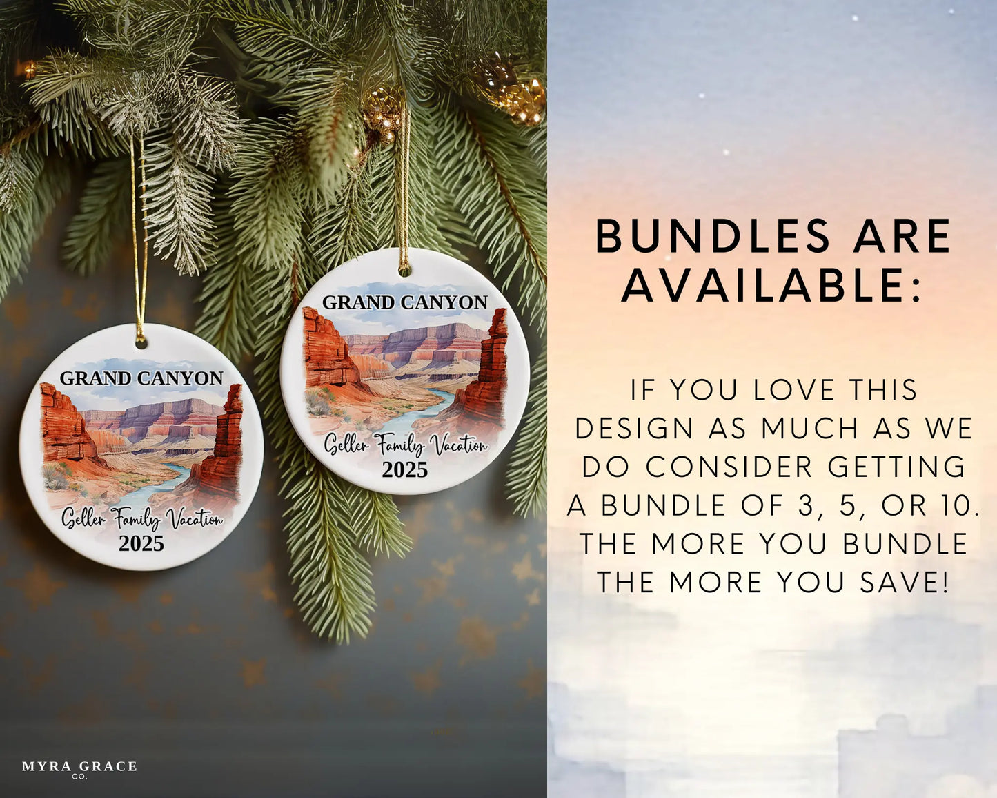 Custom vacation Grand Canyon ceramic photo ornament with personalized message – handmade Christmas bauble, gift souvenir, or vacation keepsake. Bundles are available