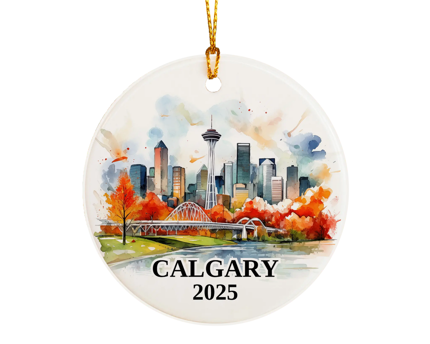 Custom Calgary, Alberta ceramic photo ornament with personalized message – handmade Christmas bauble, gift souvenir, or vacation keepsake.